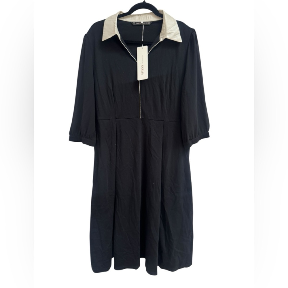 Black Goelia Dress with sheer black sleeves and White Collar - size 12 - New!